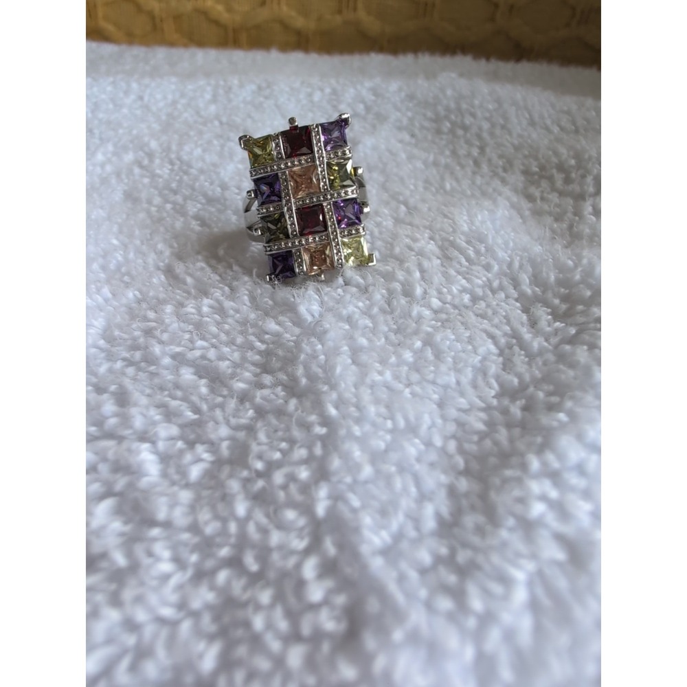 Sterling Silver  Size 7 Multi-color Waffle Shape Rhinestone CZ‎ RING